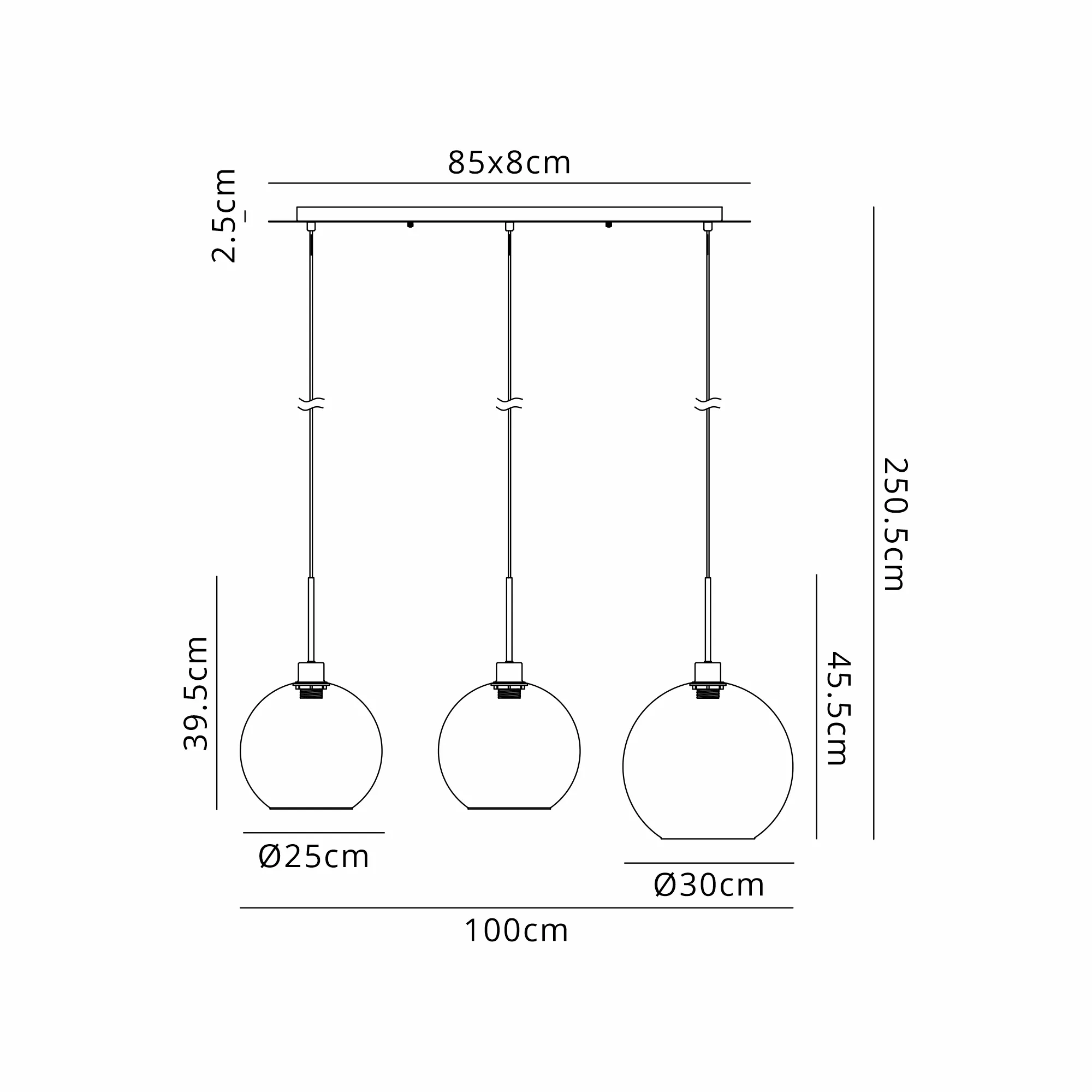 DK1217  Lori Linear Pendant, 3 Light Adjustable E27, Antique Gold/Blue/Green/Amber Open Mouth Round Globe Shades